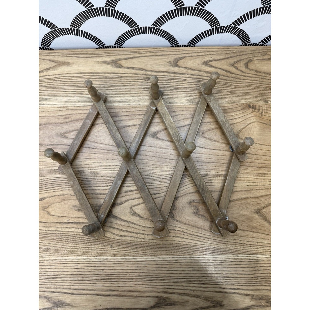 VTG Wood Expandable 10 Peg Rack- Multi-Purpose Accordion Wall Hangers Cottage